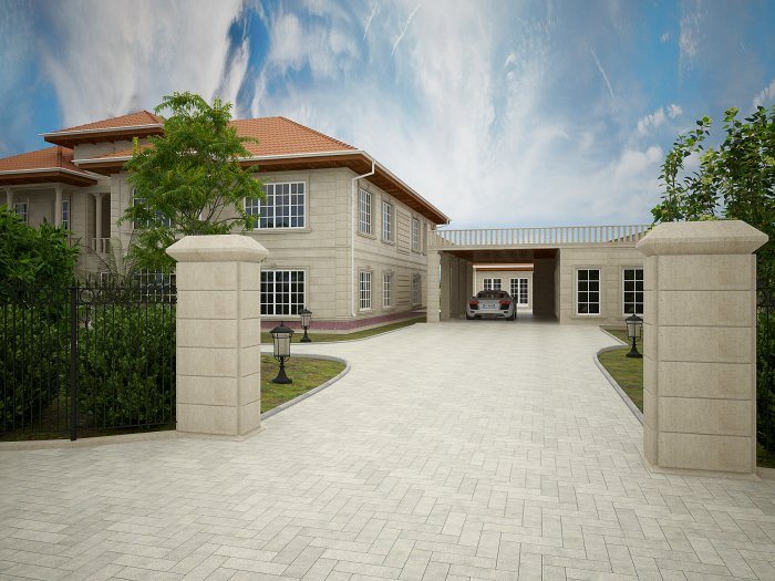 Entrance gate with stone pillars and a drive leading to a carport — Carports and On-Site Parking: Dimensions and Surfaces