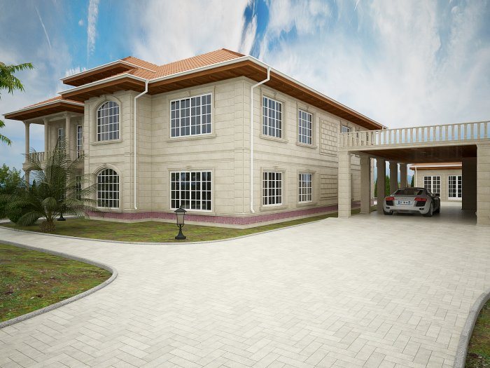 Two-storey tiled-roof villa with a carport at the side — Thermal Performance of Wall Materials: Block, Brick, Stone