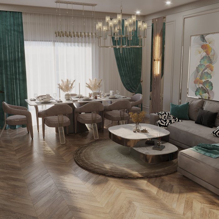 Via Lux project — neoklassik üslubda mənzil interyeri, 230 m², 2023