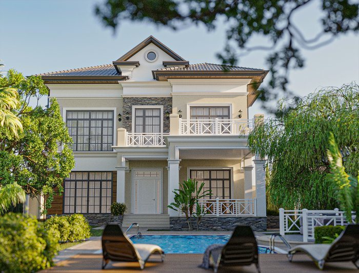 Two-storey house with a pitched roof, a white-railed balcony and a pool in front — Finding Energy Losses at Home: Thermal Imaging, Air Tests