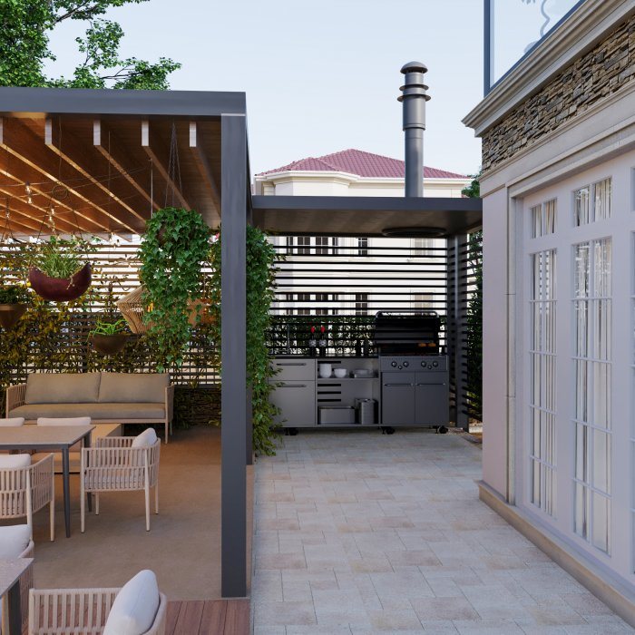 Outdoor kitchen and seating under a pergola — Waterproofing Balconies and Terraces to Prevent Leaks