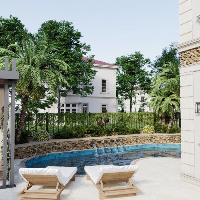 Loungers beside a pool and a stone-clad retaining wall — Pool Safety for Children: Fencing, Covers and Depth Zones