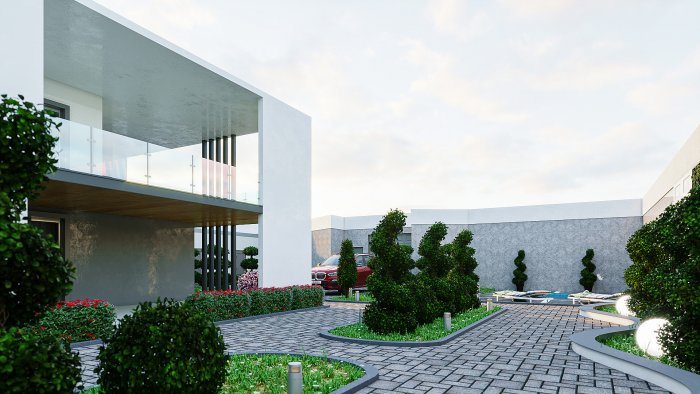 Cantilevered upper floor of a modern villa and a paved courtyard — Ventilated Facades: How They Work and When to Choose Them