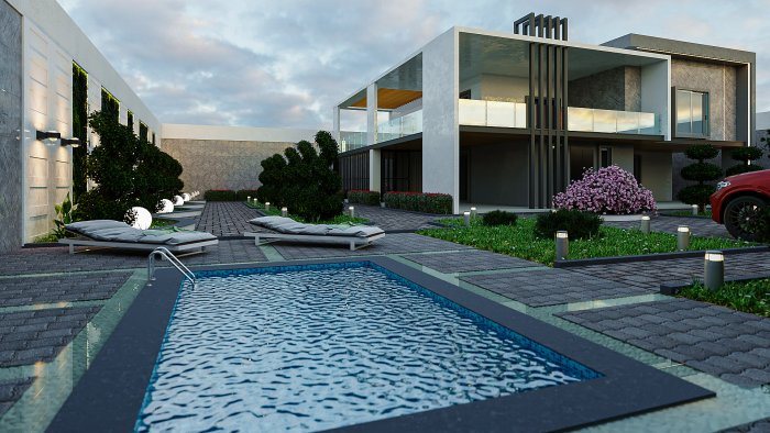 Long narrow pool in a modern villa courtyard — Choosing a Pool Shape: Rectangular, Free-Form or Lap
