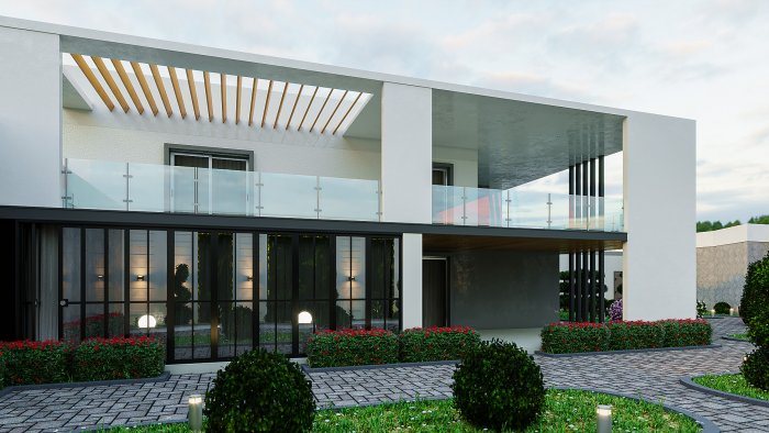 Modern villa with wide ground-floor glazing and a pergola above — Villa Construction Timelines: Stages and Causes of Delay