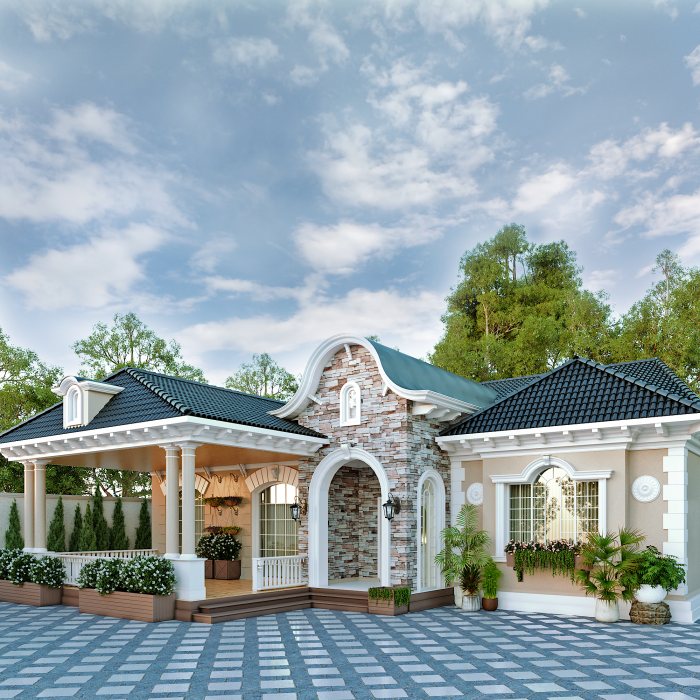 Single-storey villa facade with a dark tile roof, a stone arch and planters — Roof Leaks: The Most Common Causes