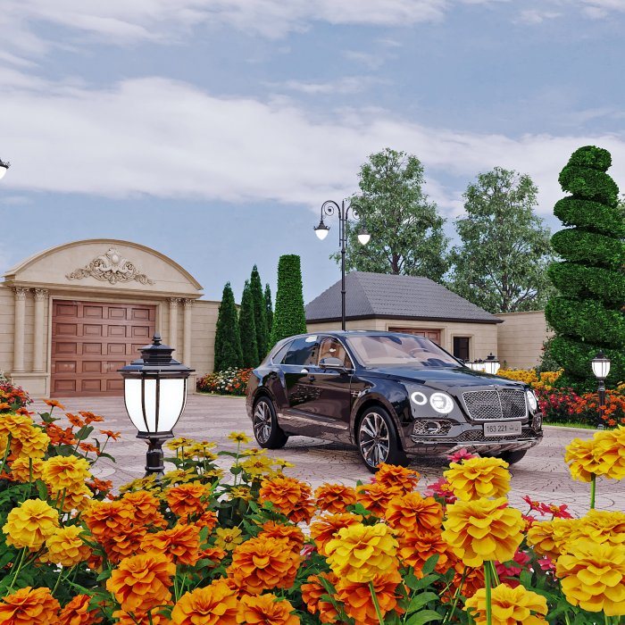 Arched garage door with a lantern and flower beds — Types of Waterproofing: Coatings, Membranes, Penetrating
