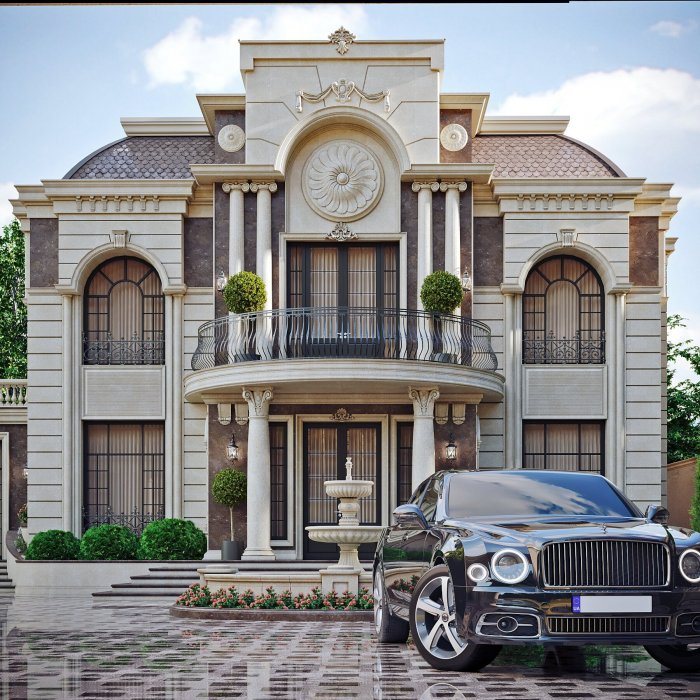 Symmetrical villa facade with a decorative central medallion and a fountain — Rising Damp in Walls: Causes and Damp-Proof Courses
