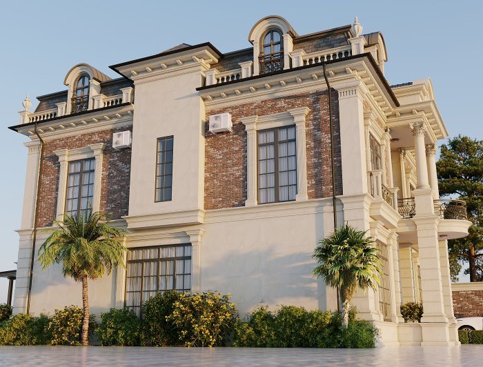 Side elevation of a classic villa with brick panels, stone cornices and balconies — Natural Stone Facade Cladding: Fixing, Joints and Care