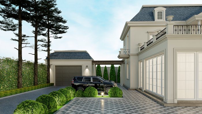 Villa ilə qaraj arasında örtülü keçid və daş döşənmiş yol — Həyət hasarı növləri: daş, metal və kombinə