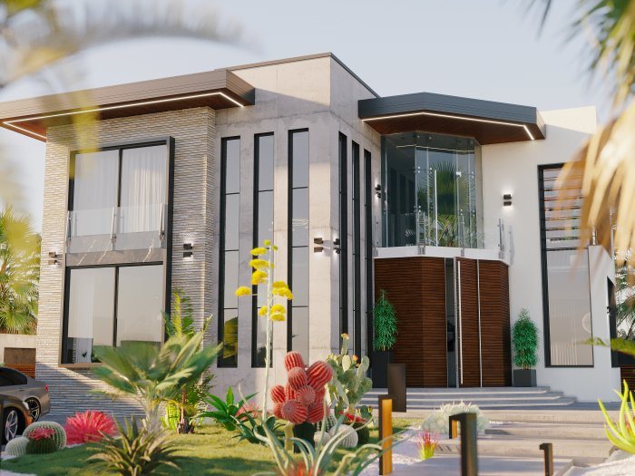 Modern ev: daş üzlüklü fasad və hündür dar pəncərələr — Passiv ev prinsipləri: az enerji ilə rahat mühit