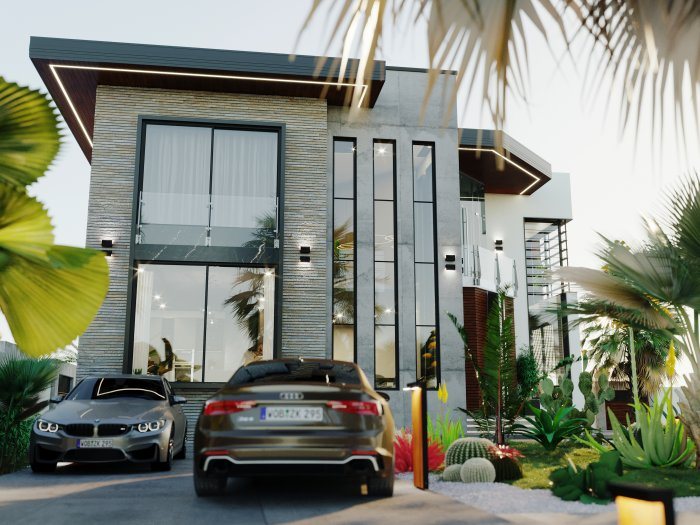 Modern ev fasadı: iki mərtəbə hündürlüyündə şüşə vitraj və giriş önündə avtomobil yeri — Fasadda günəşdən qorunma: lamellər, çıxıntılar və pergola