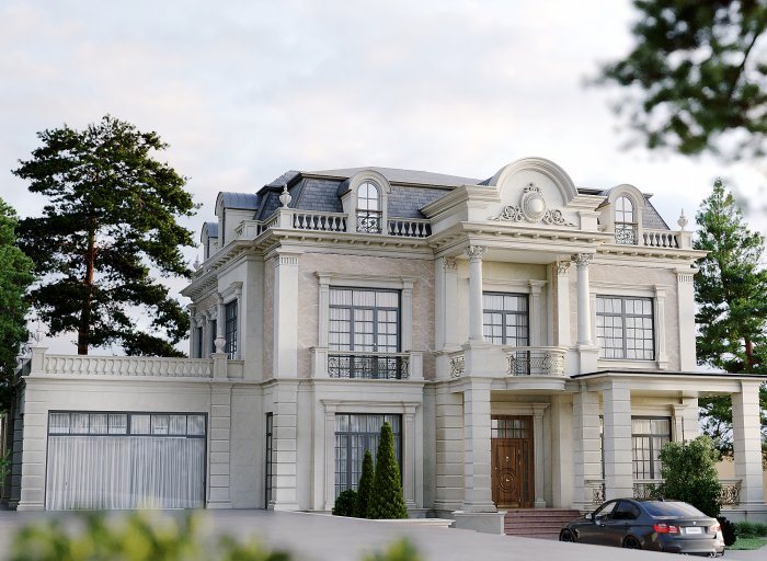 Mansard damlı üçmərtəbəli klassik villa və yanında qaraj — Villa fasadı üçün üzlük: daş, suvaq, taxta və panel
