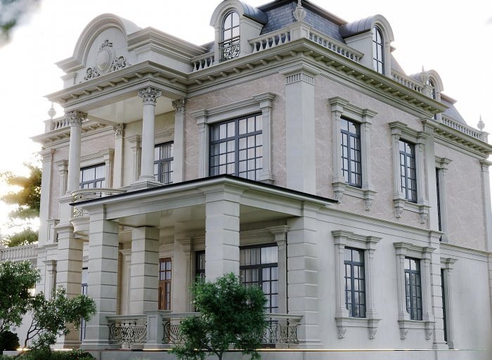Classic facade with a columned porch, cornices and dormer windows — Protecting the Plinth: Moisture, Impact and Cladding