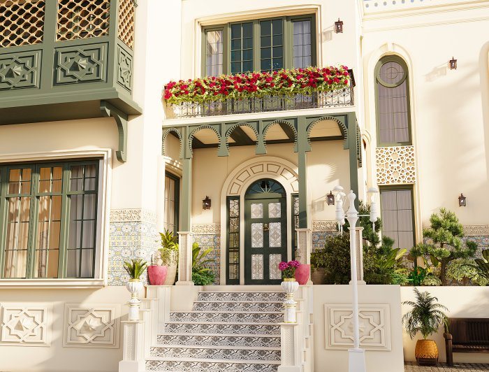 Facade details: a flower-filled balcony, an arched door and patterned stair tiles — Facade Render and Paint: Choosing for the Climate