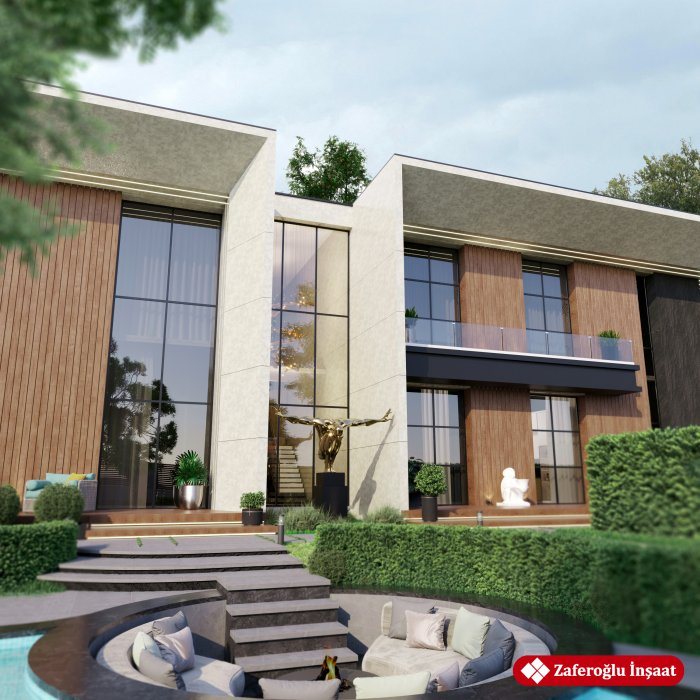 Modern villa: taxta panel və daş üzlük, panoram pəncərələr və pilləkənli giriş — Fasadın istilik izolyasiyası: mineral yun və penoplast