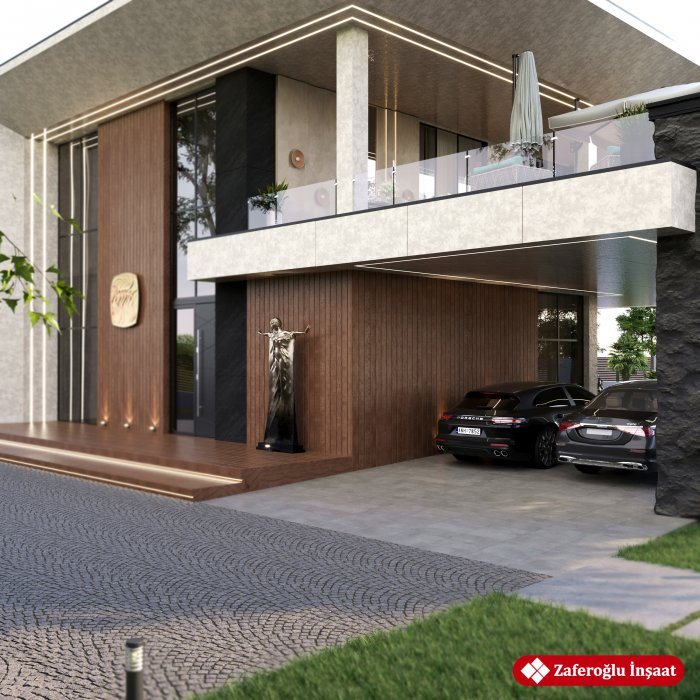 Modern villa: konsollu terras, taxta üzlük və örtülü avtomobil yeri — Enerjiyə qənaət edən pəncərələr: şüşə paketi və profil