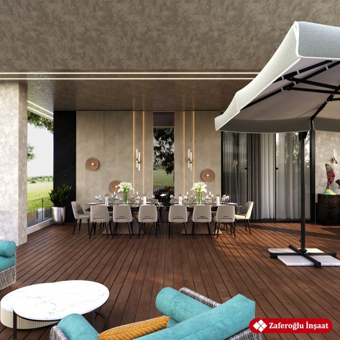 Modern villanın örtülü terrası: uzun yemək masası və taxta döşəmə — Kafe terrası: örtük, döşəmə və mövsümi istifadə
