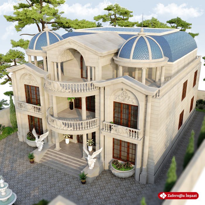Elevated view of a domed classic villa and its courtyard — Zoning a House Plan: Day, Night and Service Areas